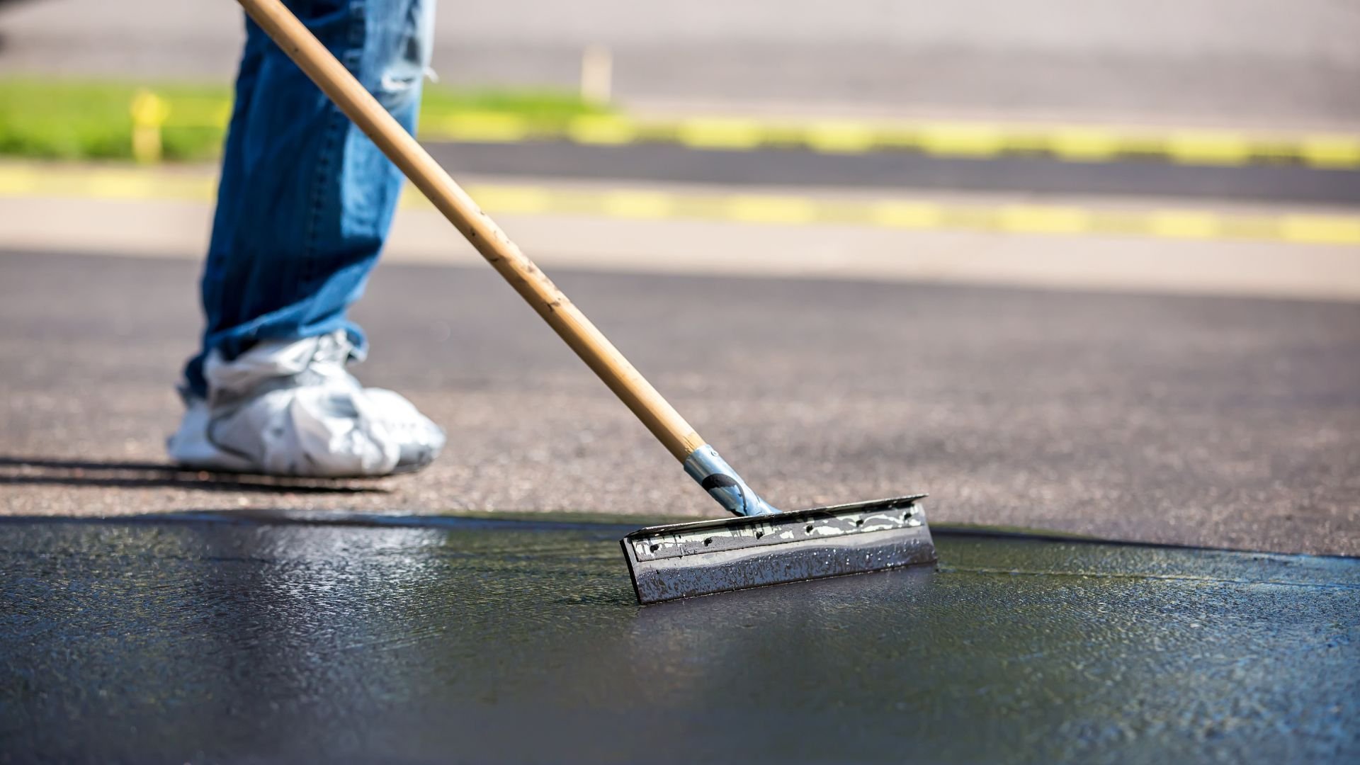 Person squeegee cleaning wet floor with long-handled window wiper
